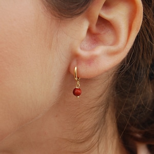 Red coral earrings, dainty silver hoops, silver 925 earrings, gemstone earrings, minimal hoops, sterling silver earrings, red coral hoops