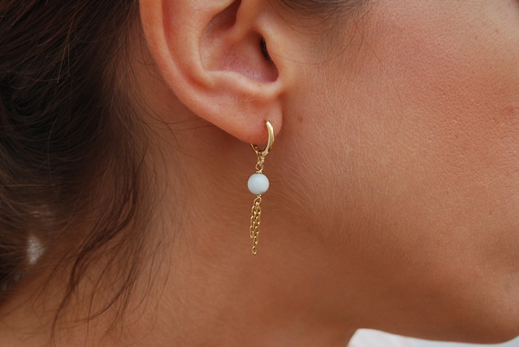 Larimar earrings, silver 925 earrings, gemstone earrings, dainty long hoops, sterling silver earrings, minimalist earrings.