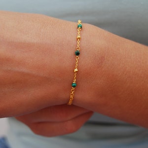 Malachite bracelet, sterling silver bracelet, dainty balls bracelet, stackable bracelet, gemstone bracelet.