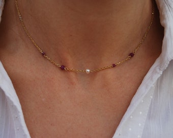Ruby Pearls necklacee, wedding necklace, silver 925 necklace, dainty minimal necklace, sterling silver, gemstone necklace.