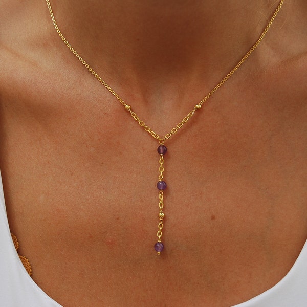 Amethyst necklace, sterling silver 925 necklace, gemstone necklace, long layered necklace, Y necklace.