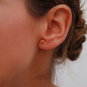 May include: A close-up of a person's ear with a small, red coral stud earring. The earring is set in gold.