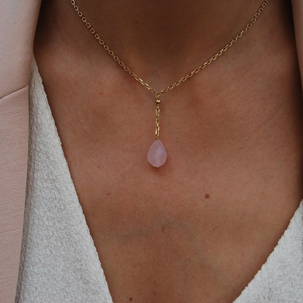 Rose quartz necklace, dainty Y necklace, silver 925 necklace, long layered necklace, gemstone necklace, sterling silver necklace.