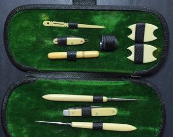 c1910 Antique German Sewing Kit Travel Kit Leather Case Rare