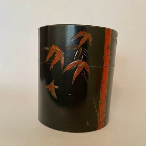 Vintage Chazutsu Tea Caddy Japan 1940s Lacquered Copper hand painted
