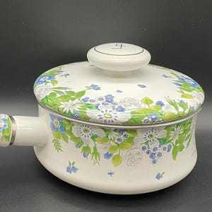 May include: White saucepan with a lid and a long handle. The pan and lid are decorated with a floral pattern in blue, green, and white. The handle also has a floral design. The pan is on a dark background.