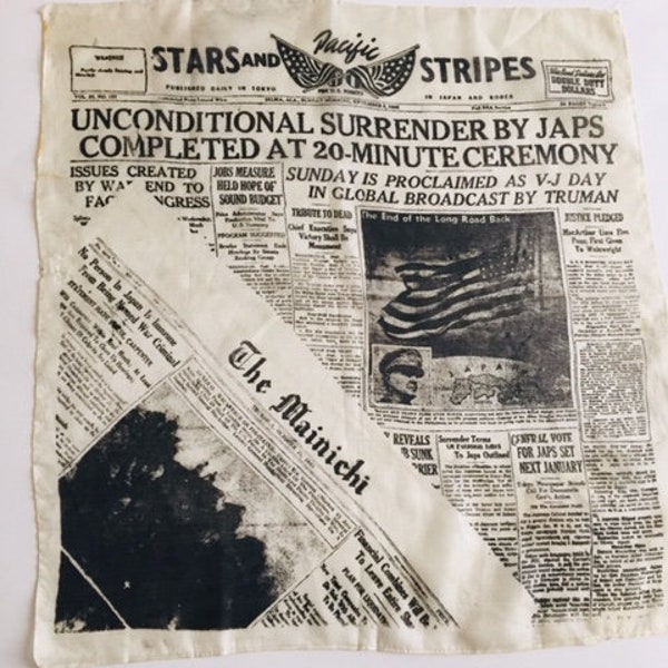 Rare WWII Stars & Stripes Scarf - Printed Pacific Edition V-J Day (August 14, 1945)Newspaper Headlines-Unconditional Surrender by Japan