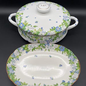 LOUIS PITAUD FRANCE Floral Enamel Cookware and Porcelain serving dish Set made by Marui Japan 1980s