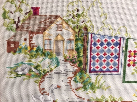 Cottage with Quilt on Clothesline Cross-stitch craft completed | Etsy