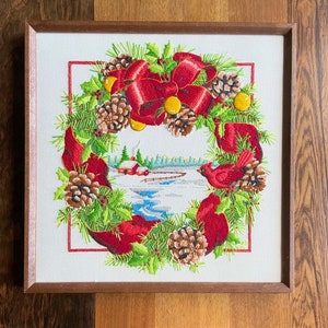 Rare Jennings Christmas Cardinal Wreath Crewel Embroidery Completed Framed
