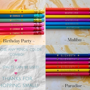 Puede incluir: Un conjunto de l&aacute;pices personalizados en varios colores, como amarillo, azul, rosa y rojo. Cada l&aacute;piz est&aacute; grabado con un nombre y un coraz&oacute;n. La imagen tambi&eacute;n incluye texto que dice "Birthday Party", "Malibu" y "Paradise".