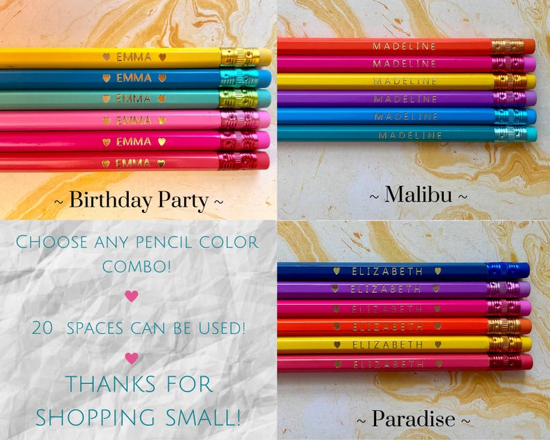 Puede incluir: Un conjunto de l&aacute;pices personalizados en varios colores, como amarillo, azul, rosa y rojo. Cada l&aacute;piz est&aacute; grabado con un nombre y un coraz&oacute;n. La imagen tambi&eacute;n incluye texto que dice "Birthday Party", "Malibu" y "Paradise".