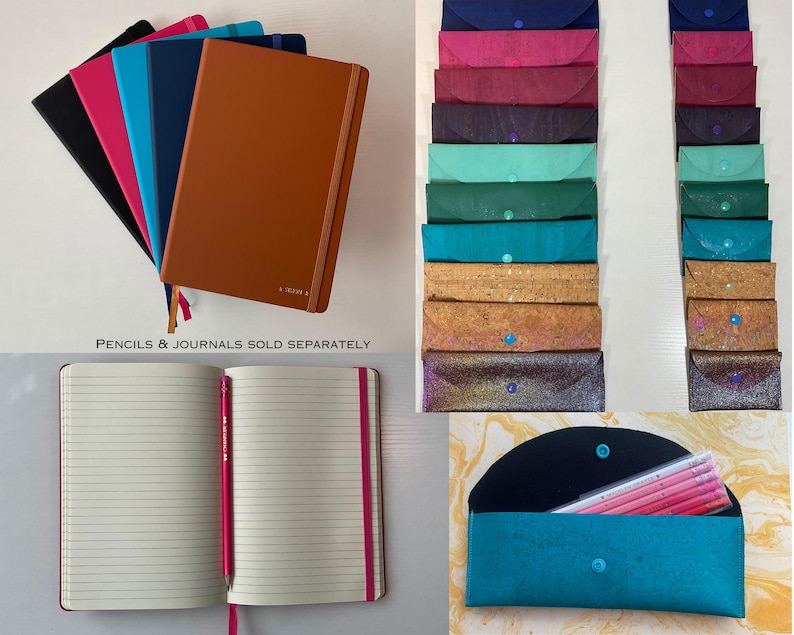 Puede incluir: Una colecci&oacute;n de cuadernos y estuches en varios colores. Los cuadernos son de color negro, rosa, azul claro, azul marino y marr&oacute;n. Los estuches son en tonos de azul, rosa, verde y corcho. El texto "PENCILS & JOURNALS SOLD SEPARATELY" es visible.