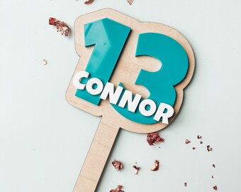 Personalized Acrylic Number Birthday Cake Topper, Wood Outline