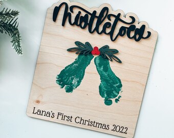 Mistletoes craft, Baby's first christmas, footprint decor, baby's first, mistletoes, wood sign, 3D, calligraphy, personalized sign,christmas