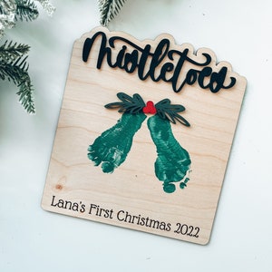 Mistletoes craft, Baby's first christmas, footprint decor, baby's first, mistletoes, wood sign, 3D, calligraphy, personalized sign,christmas