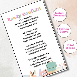 May include: A white printable document with the text "Ready Confetti" in pastel colors. The document includes a poem about the first day of school, along with illustrations of school supplies. Includes options for instant download, editing on Canva, and printing at home.