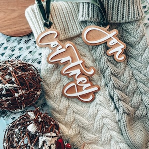 Cursive name stocking tag, Custom Gift tags, Personalized, Wood + Acrylic, Modern Stocking Tag, Custom, 3D stocking tags, Holiday Stockings