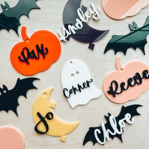 Halloween tags, Pumpkin name tag, Ghost tag, Bat tag, Kid's halloween gift idea, Halloween basket tag, Acrylic, 3D calligraphy, Personalize