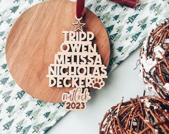 Engraved Wood Family Tree Ornament, Personalized Christmas Gift