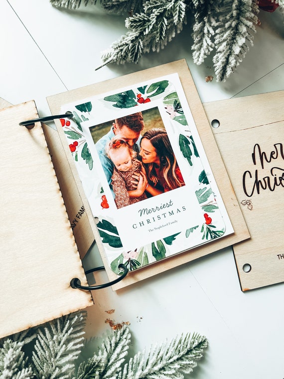christmas card photo sleeve Personalized Wooden Christmas Card Album, Holiday Keepsake