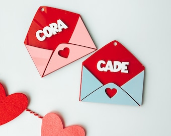 Valentine's tags, basket tags for kids, valentine's envelopes, personalized 3D tags, 3D valentine's day tags, pink or blue, v day for kids