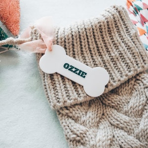 Dog bone stocking tag, dog bone tag, holiday dog bone, dog bone ornament, acrylic dog bone, engraved dog bone, gift ideas for dog mom
