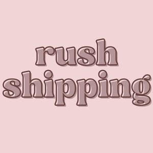 May include: A graphic design with the text "rush shipping" in a stylized font with a 3D effect. The text is in a light brown color.