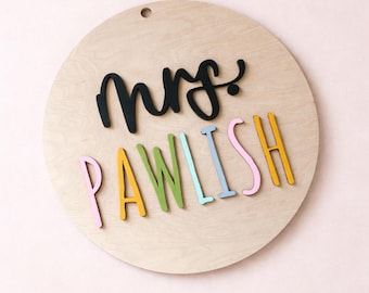 Handcrafted Maple Wood Teacher Name Sign, 3D Apple Classroom Decor