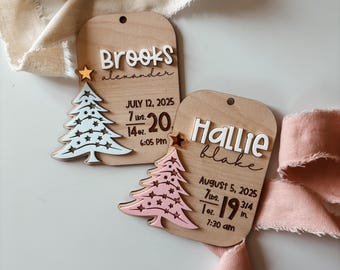 Personalized Baby Birth Stats Ornament, Engraved Maple Wood Keepsake