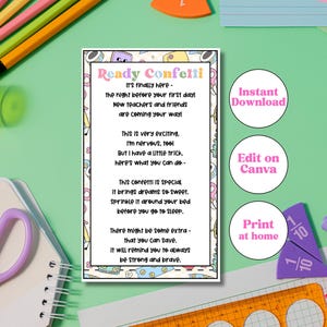 May include: A printable "Ready Confetti" poem on a white background with a colorful border. The text is in a whimsical font, with instructions to sprinkle confetti before the first day of school. Includes "Instant Download", "Edit on Canva", and "Print at home" options.
