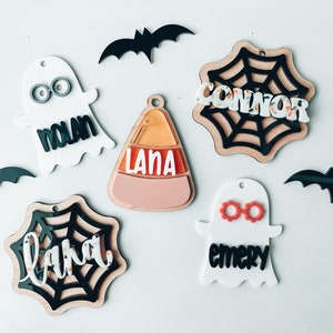 Halloween Kid tags, Basket Tags for Halloween,Boho Ghosts, Candy Corn, Spider Webs, LIMITED EDITION, acrylic, custom tags, personalized tags