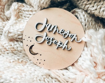 Hospital Name Sign, Baby Name Sign, Newborn, Hospital Name Tag, Wooden, Calligraphy, Laser cut sign, Customize, Moon and Stars, Baby