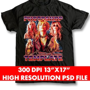 May include: A black t-shirt design template featuring a group of women with a retro 80s aesthetic. The text "PHOTOSHOP" is in a bold, colorful font. The text "T-Shirt Design TEMPLATE" is in a smaller font below the women.