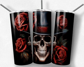 Skulls and Flowers 20 oz Skinny Tumbler Sublimation Design, Digital Download PNG, graffiti, airbrush, chicano art