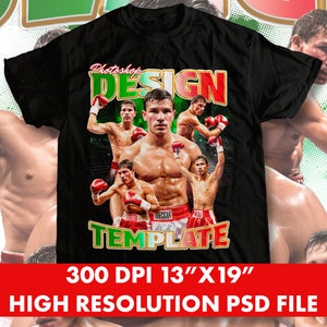 Puede incluir: Una camiseta negra con un diseño gráfico que presenta múltiples imágenes de un boxeador. El diseño incluye el texto "Photoshop Design Template" y "300 DPI 13" X 19" HIGH RESOLUTION PSD FILE".