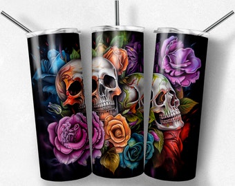 Skulls and Flowers 20 oz Skinny Tumbler Sublimation Design, Digital Download PNG, graffiti, airbrush, chicano art