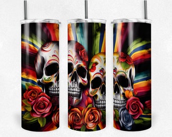 Skulls and Flowers 20 oz Skinny Tumbler Sublimation Design, Digital Download PNG, graffiti, airbrush, chicano art