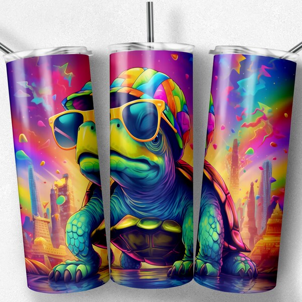 Colorful retro turtle character with sunglasses 20 oz Skinny Tumbler Sublimation Design, Digital Download PNG, rainbow, 80s, 90s