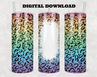 Downloadable 20 oz Skinny Tumbler Sublimation Wrap, transparent PNG, Bleached Rainbow Leopard Spots, Cheetah pattern, Bleach, dye sub PNG