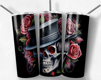 Skulls and Flowers 20 oz Skinny Tumbler Sublimation Design, Digital Download PNG, graffiti, airbrush, chicano art