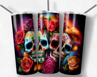 Skulls and Flowers 20 oz Skinny Tumbler Sublimation Design, Digital Download PNG, graffiti, airbrush, chicano art
