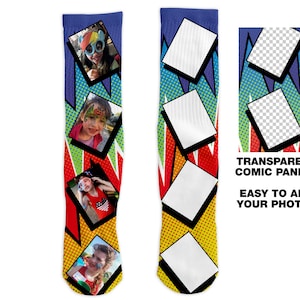 May include: A pair of knee-high socks with a comic book design. One sock features photos in angled frames, the other has blank panels. The socks have a blue top, with red, yellow, green, and white accents. Text reads "Transparent Comic Panels" and "Easy to Add Your Photos."