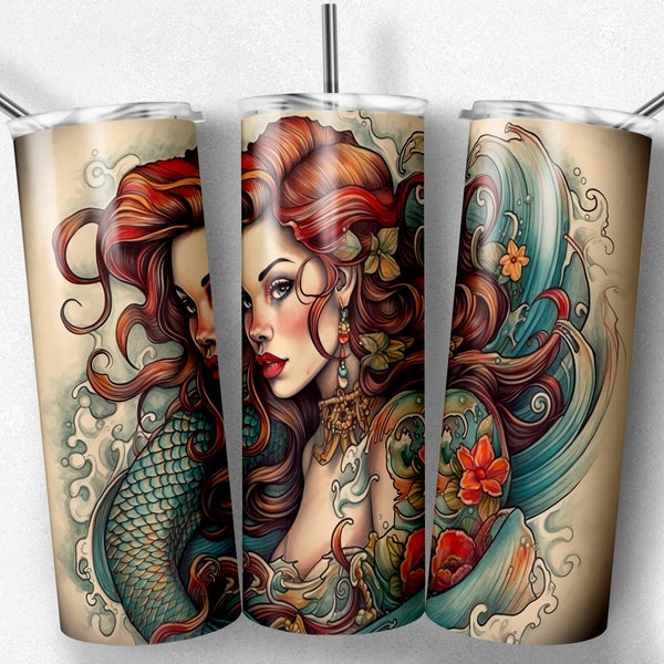 Tattoo Art Mermaid, PNG File Sublimation Designs, for 20 Ounce Skinny tumbler, Rockabilly, Pinup Girl