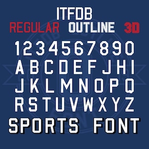 Sports Jersey Font, 3 Variaties Regular Outline 3D, TTF OTF, Honkbal, Collegiaal, College, Voetbal, Atletisch, Sportief, Nummers volledige set