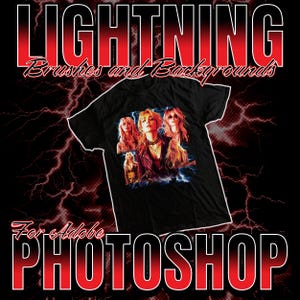 May include: A black t-shirt featuring a graphic print of three women with lightning bolts. The text "LIGHTNING Brushes and Backgrounds For Adobe PHOTOSHOP" is on the image.