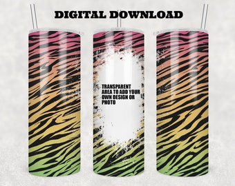 Downloadable 20 oz Skinny Tumbler Sublimation Wrap, transparent PNG, Bleached Rainbow Tiger Stripes, Zebra pattern, Bleach, dye sub PNG