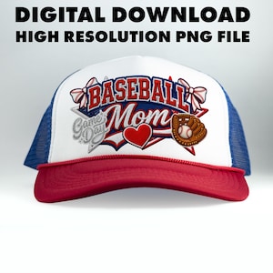 May include: A baseball cap with a red brim and a white front panel. The front features the words "Baseball Mom" in red and blue, along with a heart, baseball glove, and the words "Game Day". The cap has a blue mesh back.