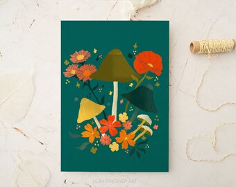 Mushroom Floral Art Print | 8.5x11, 11x14 | Unframed | Free US ship | Modern Wall Art | 3 colors Turquoise, Pink, Light Green Background