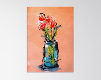 Original Abstract Peach Tulips Painting | Acrylic | Stretched Canvas | Modern Floral Wall Art | Modern Rustic Art